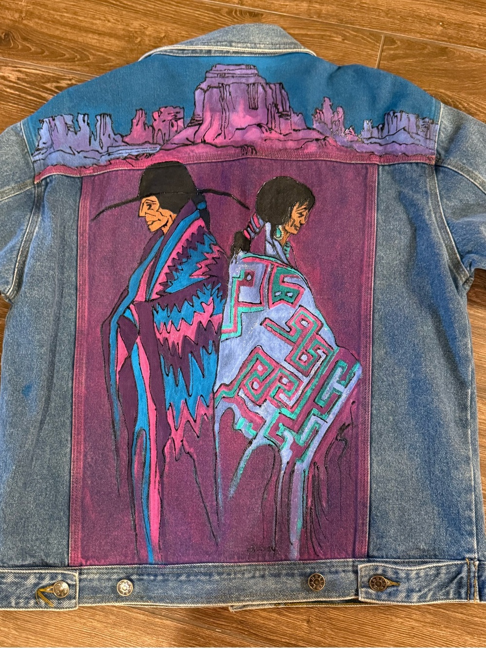 Vintage 90s Hand Painted Denim Jacket Trucker Native Americans Southwest SZ M